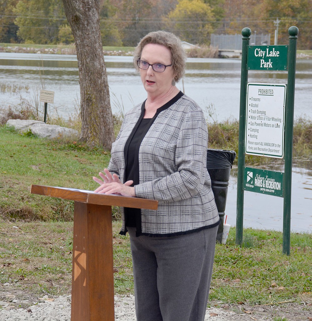 Graham Thomas/Siloam Sunday
Siloam Springs Mayor Judy Nation speaks Wednesday during a ribbon cutting ceremony for the ADA Accessible Fishing Pier and Kayak Launch at City Lake Park.