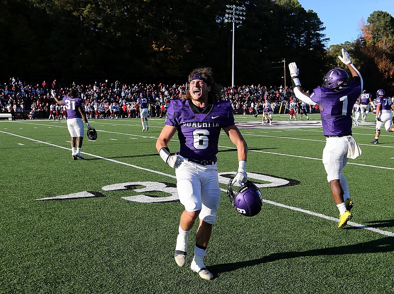 Ouachita Baptist wide receiver Connor Flannigan (6) celebrates after time expires in the fourth quarter of OBU's 31-28 win in the Battle of the Ravine on Saturday at Cliff Harris Stadium in Arkadelphia. - Photo by Thomas Metthe of Arkansas Democrat-Gazette/Thomas Metthe