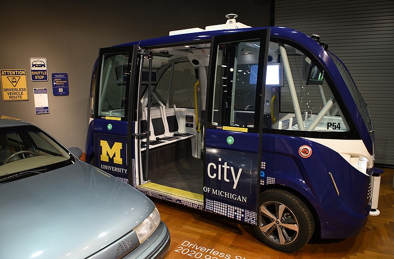 A 2017 &#x201c;Autonom&#x201d; Driverless Shuttle Bus used at the Mcity test facility on the University of Michigan&#x2019;s North Campus, and a 1994 aluminum Mercury Sable are part of a new exhibit at the Henry Ford Museum  &quot;Collecting Mobility: New Objects, New Stories,&quot; Wednesday, Oct. 20, 2021. (Andy Morrison/The Detroit News/TNS)