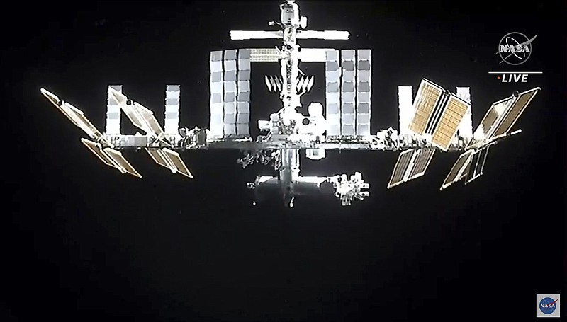 In this image from video provided by NASA, the International Space Station is seen as astronauts in the SpaceX Dragon capsule undock on Monday, Nov. 8, 2021. (NASA via AP)