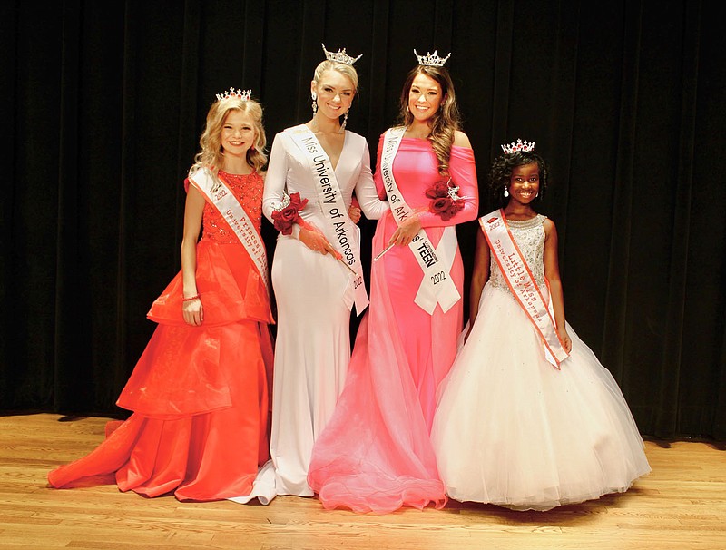 Princess Miss Delaney Reddell; 56th Miss University of Arkansas Taryn Bewley; University of Arkansas Outstanding Teen Lillyanna Gigerich; and Little Miss Jessica Bowser were crowned Nov. 14 in the Miss University of Arkansas Pageant, a Miss Arkansas Pageant preliminary event held at the University of Arkansas in Fayetteville.

(Courtesy photo)