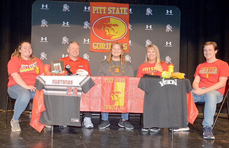 Graham Thomas/McDonald County Press
McDonald County softball standout Madeline McCall (middle) signed a letter of intent Friday to play softball at Pittsburg State in Pittsburg, Kan. Pictured (from left) are sister Kayla McCall, father Leland McCall, Madeline McCall, mother Dinah McCall and brother Matthew McCall.