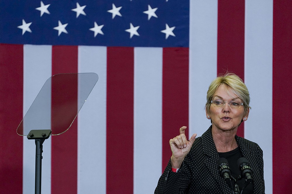 Secretary of Energy Jennifer Granholm speaks during a clean energy event inside Port Authority Hangar 19 at JFK airport in New York, Monday, Nov. 1, 2021. The tour and speech highlighted clean energy and efficiency technologies to combat the climate crisis and create good-paying jobs. (AP Photo/Mary Altaffer)