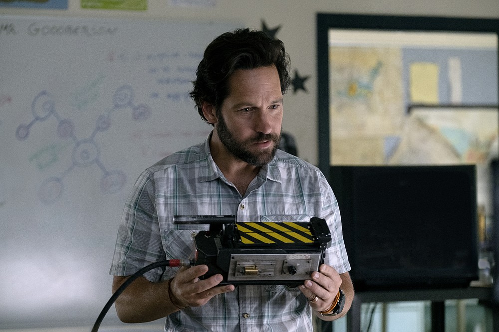 This image released by Sony Pictures shows Paul Rudd in a scene from "Ghostbusters: Afterlife. (Kimberley French/Sony Pictures via AP)