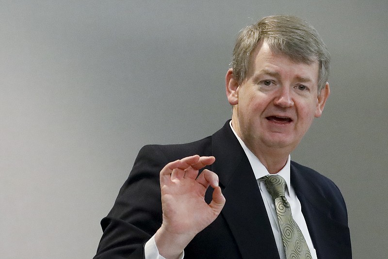 Defense attorney Kevin Gough speaks during the trial of Greg McMichael and his son, Travis McMichael, and a neighbor, William "Roddie" Bryan at the Glynn County Courthouse, Friday, Nov. 19, 2021, in Brunswick, Ga.  The three are charged with the February 2020 slaying of 25-year-old Ahmaud Arbery.  (Octavio Jones/Pool Photo via AP)