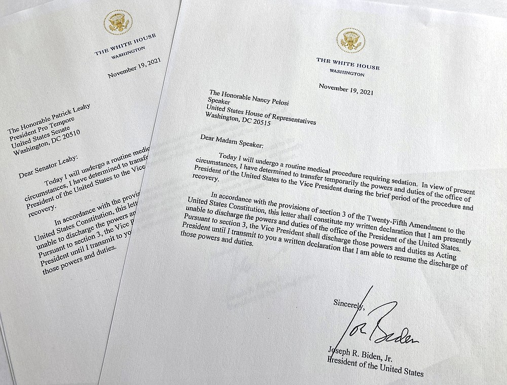 A portion of letters sent to House Speaker Nancy Pelosi and President Pro Tempore of the Senate Patrick Leahy from President Joe Biden are seen Friday, Nov. 19, 2021 in Washington. Biden briefly transferred power to Vice President Kamala Harris on Friday when he underwent a “routine colonoscopy" at Walter Reed National Military Medical Center, the White House said. (AP Photo/Wayne Partlow)