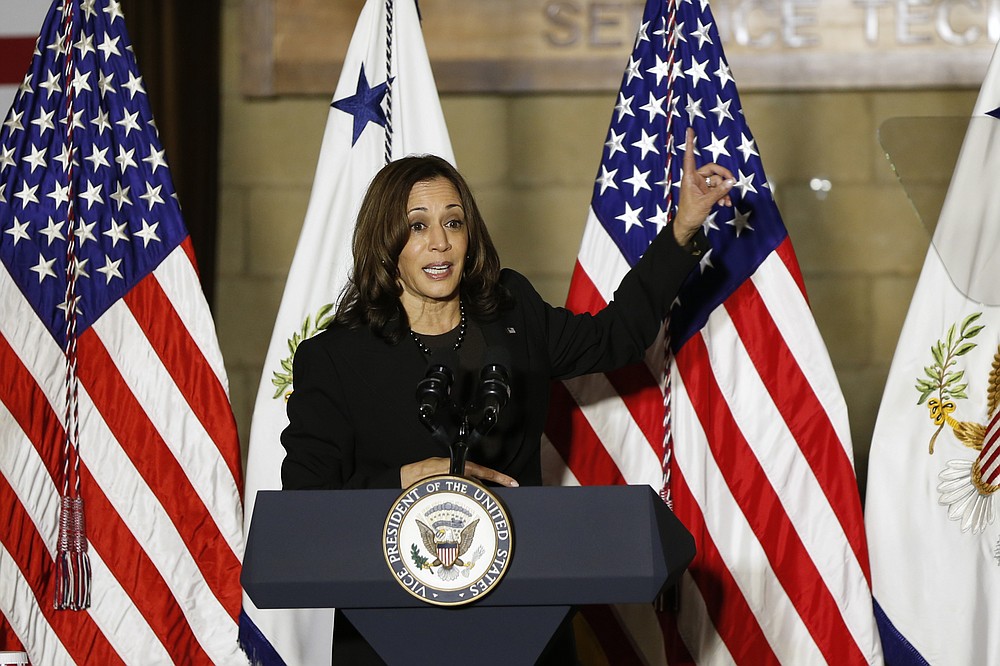 Vice President Kamala Harris speaks about the recently signed infrastructure law will benefit Ohioans after touring the Plumbers and Pipefitters Union Local 189 Friday, Nov. 19, 2021, in Columbus, Ohio. (AP Photo/Jay LaPrete)