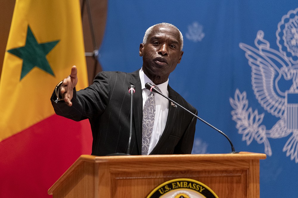 U.S. Ambassador to Senegal Tulinabo Mushingi speaks during a commercial diplomacy event with U.S. companies and the government of Senegal at the Radisson Blu Hotel in Dakar, Nigeria, Saturday, Nov. 20, 2021. Blinken is on a five day trip to Kenya, Nigeria, and Senegal. (AP Photo/Andrew Harnik, Pool)