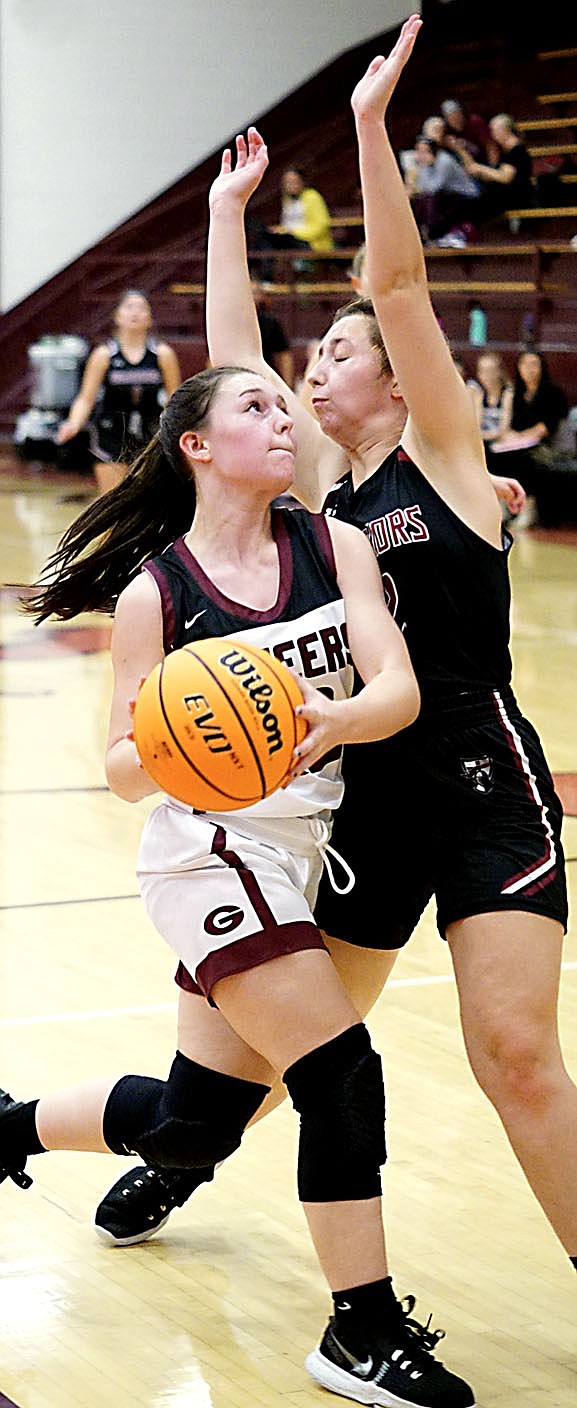 Westside Eagle Observer/RANDY MOLL
Emma Tevebaugh looks to shoot over a Life Way defender during the Nov. 16 game in Gentry between the two teams.