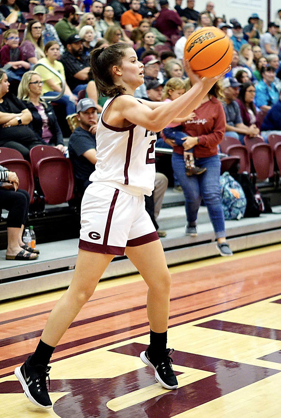 Westside Eagle Observer/RANDY MOLL
Lady Pioneer Reese Hester passes the ball to a teammate during the game against Life Way at Gentry High School on Nov. 16.