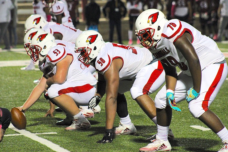Photo By: Michael Hanich
Camden Fairview offensive line set in the game against Hope.