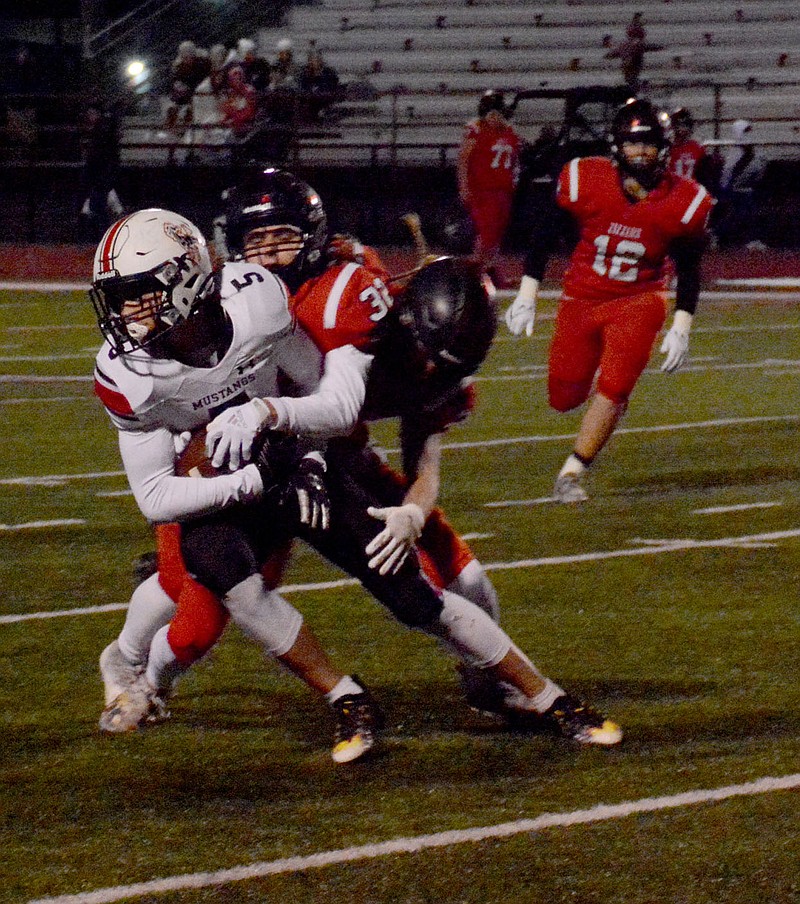 Graham Thomas/McDonald County Press
McDonald County wide receiver Colton Ruddick hauls in a pass against West Plains in the Class 4 District 6 championship game on Nov. 12. Rudduck caught 27 passes for 517 yards and seven touchdowns this season.