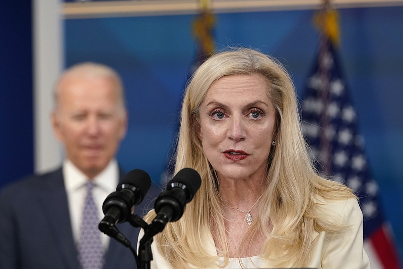 Lael Brainard, right, President Joe Biden's nominee to be Vice Chair of the Federal Reserve, speaks during an event in the South Court Auditorium on the White House complex in Washington, Monday, Nov. 22, 2021. Biden, left, also nominated Jerome Powell for a second four-year term as Federal Reserve chair. (AP Photo/Susan Walsh)
