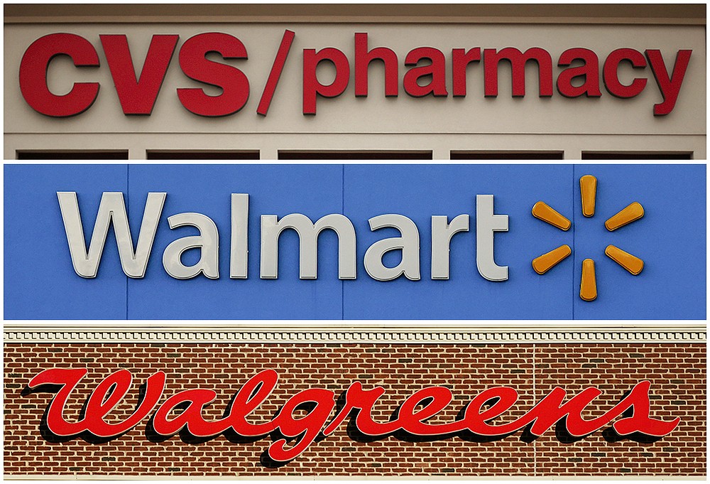 In this undated combination of photos shown are CVS, Walmart and Walgreens locations. The retail pharmacy chains recklessly distributed massive amounts of pain pills in two Ohio counties, a federal jury said Tuesday, Nov. 23, 2021 in a verdict that could set the tone for U.S. city and county governments that want to hold pharmacies accountable for their roles in the opioid crisis. (AP Photo)