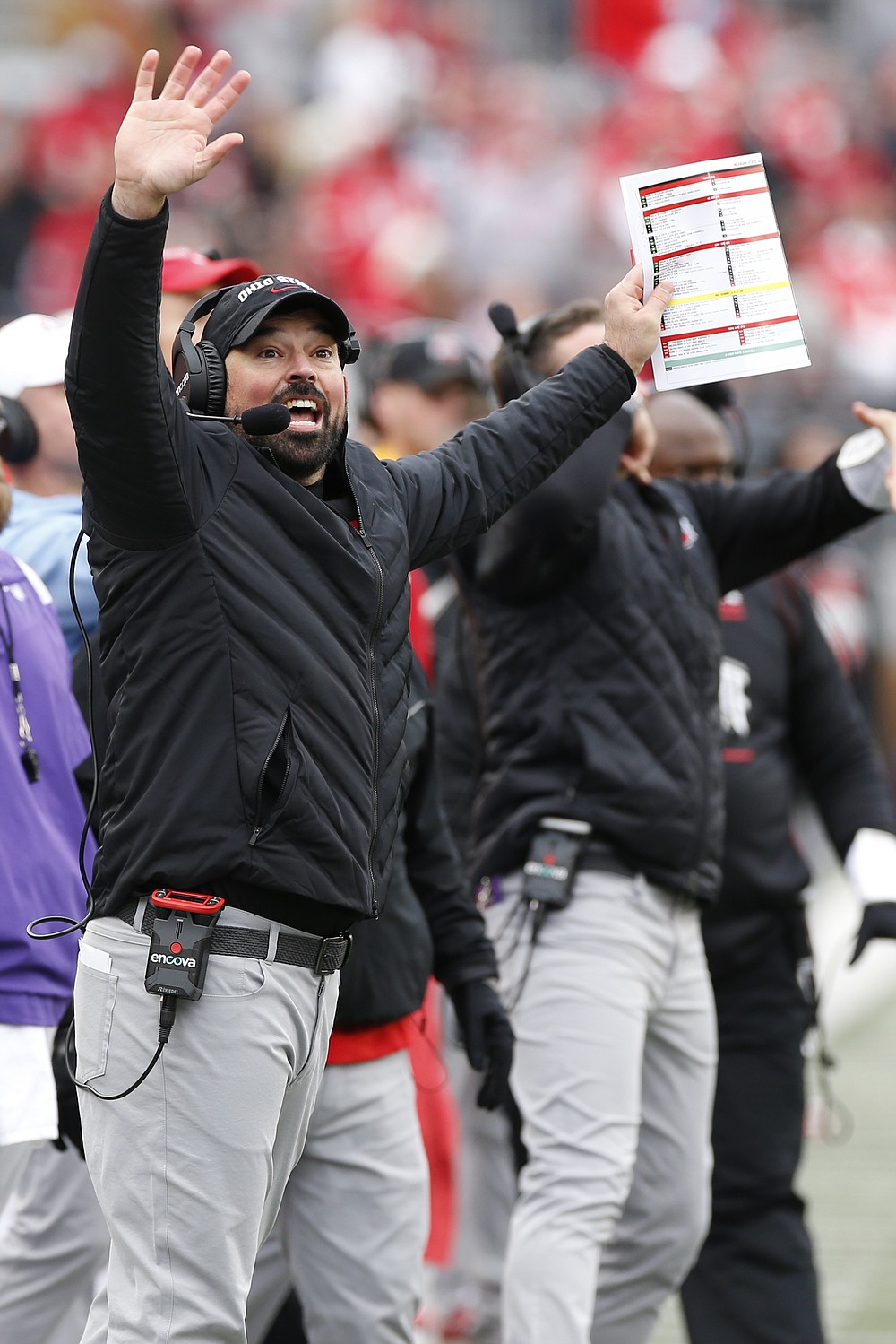 Ohio State head coach Ryan Day shouts to his team during the second half of their NCAA college football game against Michigan State Saturday, Nov. 20, 2021, in Columbus, Ohio. (AP Photo/Jay LaPrete)