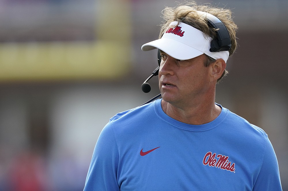Mississippi head coach Lane Kiffin looks on as his team plays against Liberty during the second half of an NCAA college football game in Oxford, Miss., Saturday, Nov. 6, 2021. Mississippi won 27-14. (AP Photo/Rogelio V. Solis)