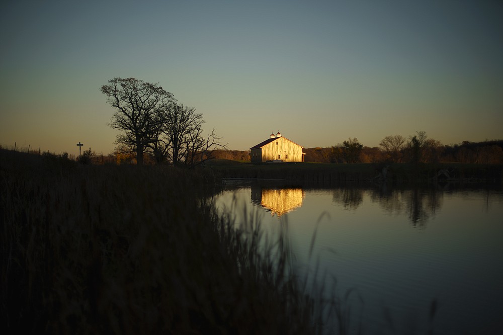 The setting sun illuminates a barn near the home of Caroline Clarin and Sheril Raymond in Dalton, Minn., Friday, Oct. 29, 2021. Surrounded by farmland stretching to the North Dakota border, the landscape is dominated by barns, grain elevators and the spires of a Bethlehem Lutheran Church, a reflection of the region's Scandinavian roots. (AP Photo/David Goldman)