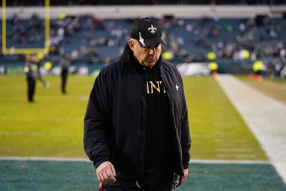 New Orleans Saints head coach Sean Payton walks off the field after an NFL football game against the Philadelphia Eagles, Sunday, Nov. 21, 2021, in Philadelphia. (AP Photo/Matt Rourke)
