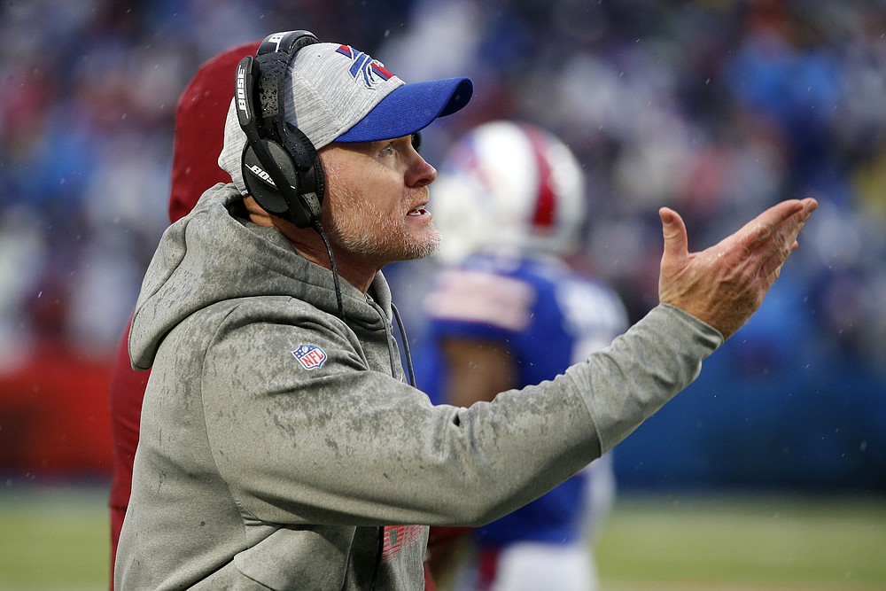 Buffalo Bills head coach Sean McDermott gestures toward an official during the first half of an NFL football game against the Indianapolis Colts in Orchard Park, N.Y., Sunday, Nov. 21, 2021. (AP Photo/Jeffrey T. Barnes)