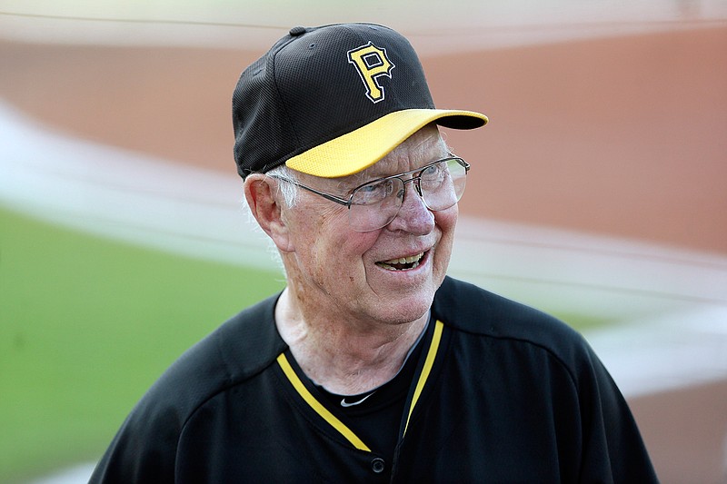 FILE - Former Pittsburgh Pirates player and manager Bill Virdon is seen before a spring training exhibition baseball game against the Detroit Tigers in Bradenton, Fla., Wednesday, March 18, 2015. Virdon, the steady centerfielder who won the 1955 National League Rookie of the Year for St. Louis as a player and then guided the Houston Astros to three straight playoff appearances as a manager, has died. He was 90. Both the Cardinals and Pirates confirmed Virdon's passing on Tuesday, Nov. 23, 2021. (AP Photo/Carlos Osorio, File)