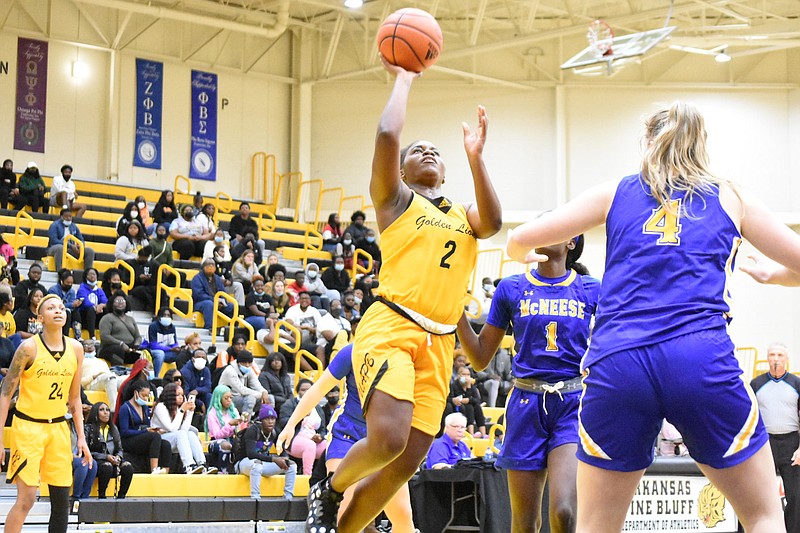 Sade Hudson (2) of UAPB is pictured shooting a basket against McNeese State on Nov. 9 in Pine Bluff. (Pine Bluff Commercial/I.C. Murrell)