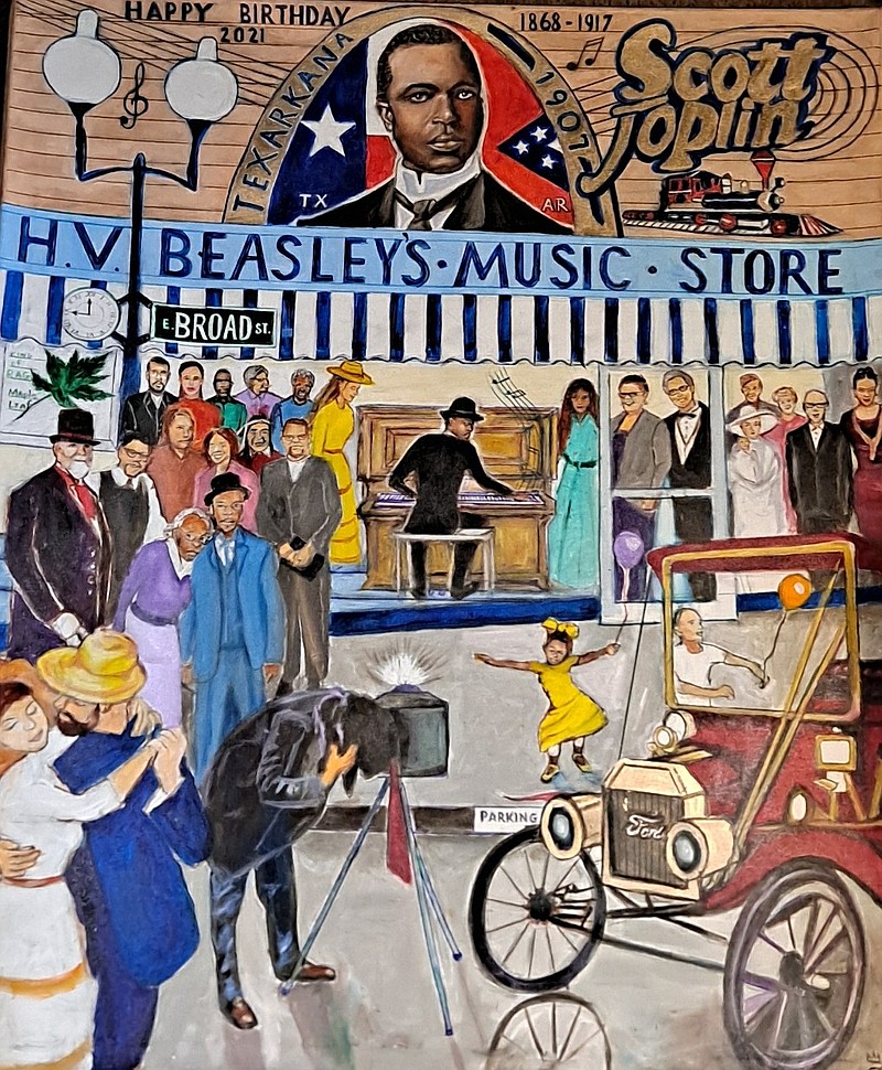 This Henry Fort oil and acrylics on canvas (40- by 48-inch) painting, “Scott Joplin at Beasley’s Music Store — Texarkana 1907,” will be auctioned today as part of a celebration of the composer Scott Joplin's birthday. Bids may also be placed on the auction sheet by texting to 903-490-547, up to the end of the silent auction. The event — with jazz and cocktails in the spotlight — will take place at the recently opened 1923 Banana Club downtown. Admission donations will benefit a downtown decoration project dubbed “Music in the Air.” (Submitted photo)