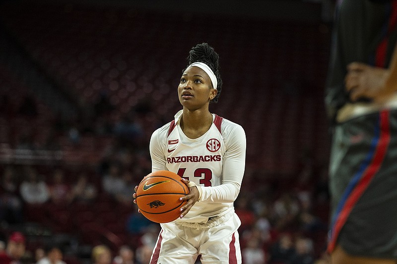 FILE — Arkansas junior Makayla Daniels (43) prepares to take a shot at the free throw line during the first half of a game at Bud Walton Arena in this Nov. 22 file photo. - Photo by David Beach, Special to the NWA Democrat-Gazette