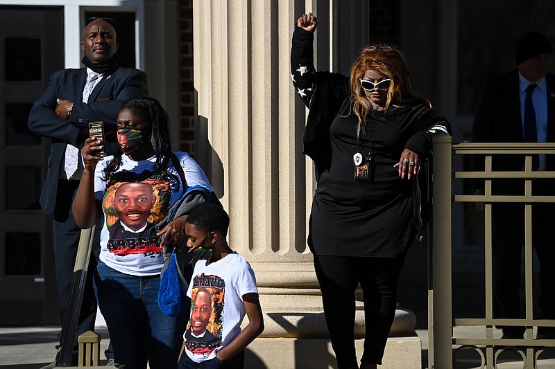People outside the Glynn County Courthouse after the three men on trial were found guilty on Wednesday in the killing of Ahmaud Arbery. MUST CREDIT: Washington Post photo by Joshua Lott