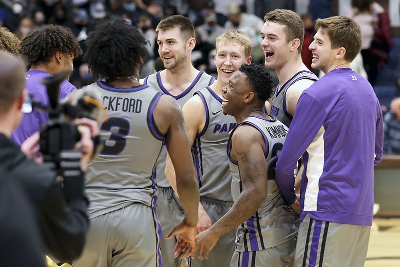 Northern Iowa celebrates after defeating St. Bonaventure 90-80 in an NCAA college basketball game, Saturday, Nov. 27, 2021, in Olean, N.Y. (AP Photo/Bryan Bennett)