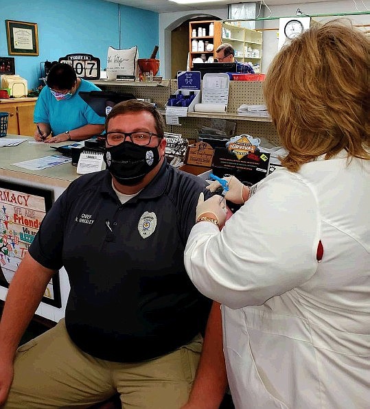 Bearden Police Chief Nathan Greeley receives his COVID-19 vaccination in January of 2021.