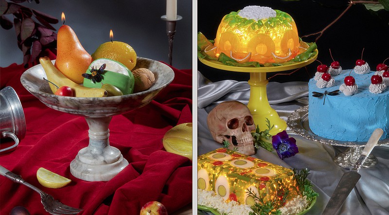 (LEFT) A still life with a marble banana, a marble cherry and a marble hazelnut sold by John Derian; a pear and a lemon candle from Cereria Introna sold by East Fork; and a clay apple candleholder and clay lemon candleholder, made by Anamaria Morris. (RIGHT) Two gelatin salad lamps made from resin by Leanne Rodriguez and a fake cake by Jasmine Archie. (The New York Times/David Brandon Geeting)