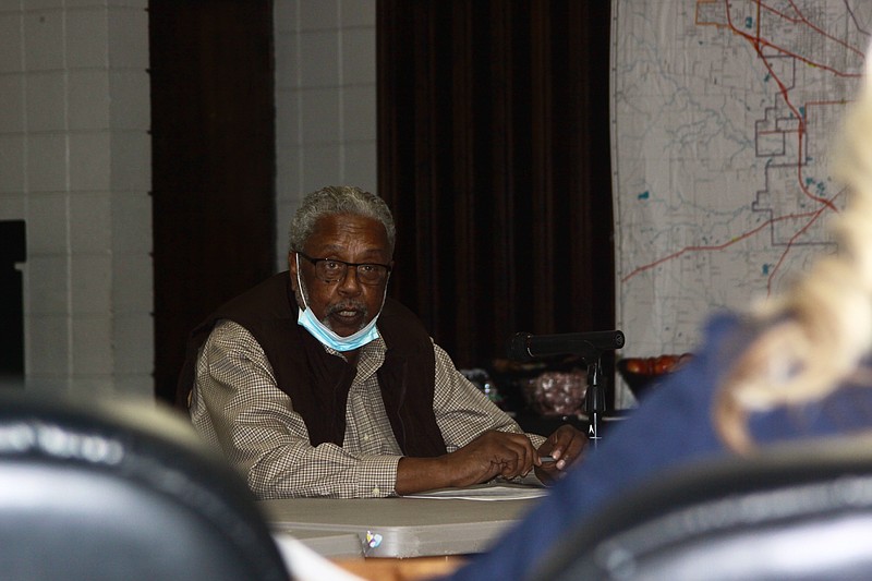 Director of Economic and Community Development Larry Matthews inquires about his salary during the Pine Bluff City Council Committee budget hearing. (Pine Bluff Commercial/Eplunus Colvin)