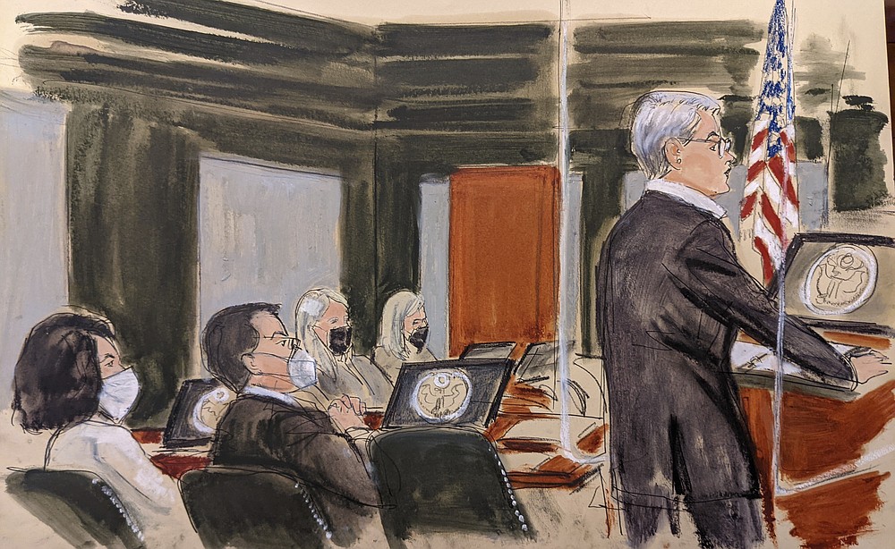In this courtroom sketch, Lead Maxwell defense attorney Bobbi Sternheim gives an opening statement while Ghislaine Maxwell, far left, listens, Monday, Nov. 29, 2021, in New York. Two years after Jeffrey Epstein's suicide Maxwell's trial begins to determine a central question in the long-running sex trafficking case: Was his longtime companion, Ghislaine Maxwell, Epstein's puppet or accomplice? (AP Photo/Elizabeth Williams)