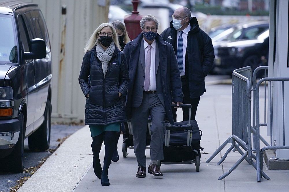 Attorneys Laura Menninger, left, and Jeffrey Pagliuca, second from right, arrive to court in New York, Monday, Nov. 29, 2021. Two years after Jeffrey Epstein&#x27;s suicide behind bars, a jury is set to be picked Monday in New York City to determine a central question in the long-running sex trafficking case: Was his longtime companion, Ghislaine Maxwell, Epstein&#x27;s puppet or accomplice? (AP Photo/Seth Wenig)
