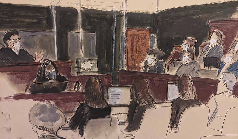 In this courtroom sketch, Judge Alison Nathan instructs the newly sworn-in jury at the start of Ghislaine Maxwell's sex-trafficking trial, Monday, Nov. 29, 2021, in New York. (AP Photo/Elizabeth Williams)