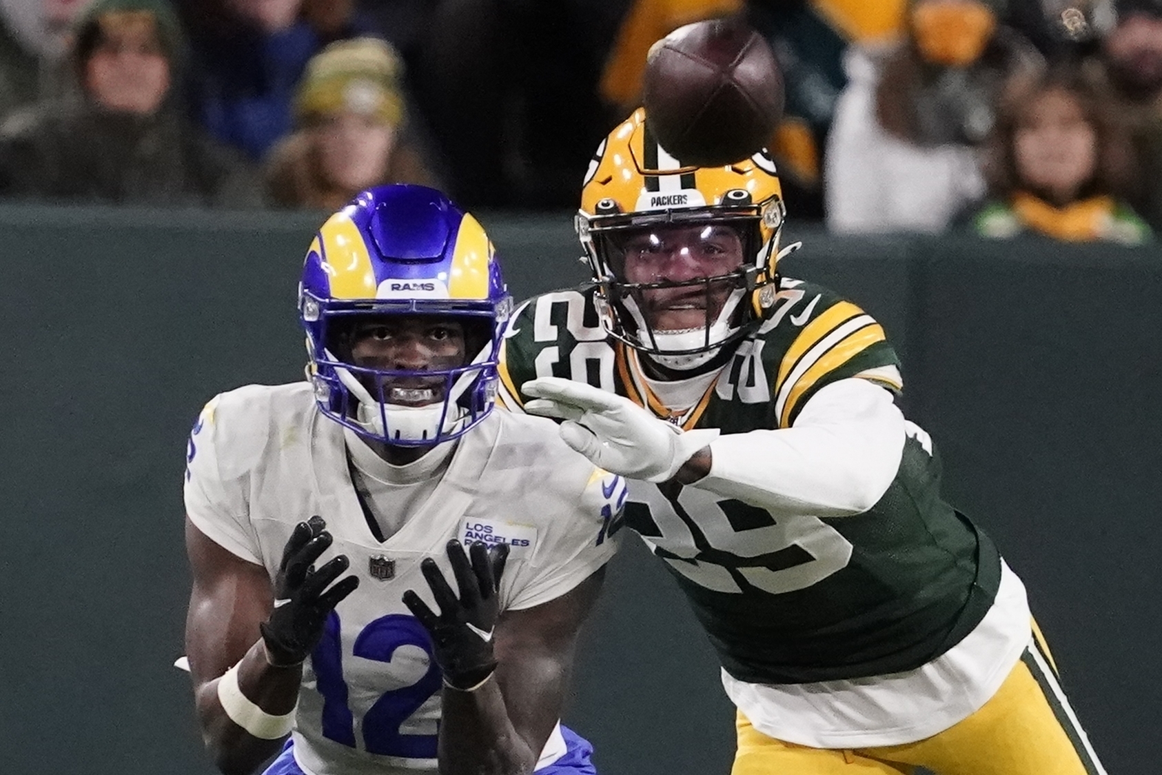 November 28, 2021: Los Angeles Rams wide receiver Odell Beckham Jr. (3)  taking selfies with fans during the NFL football game between the Los  Angeles Rams and the Green Bay Packers at