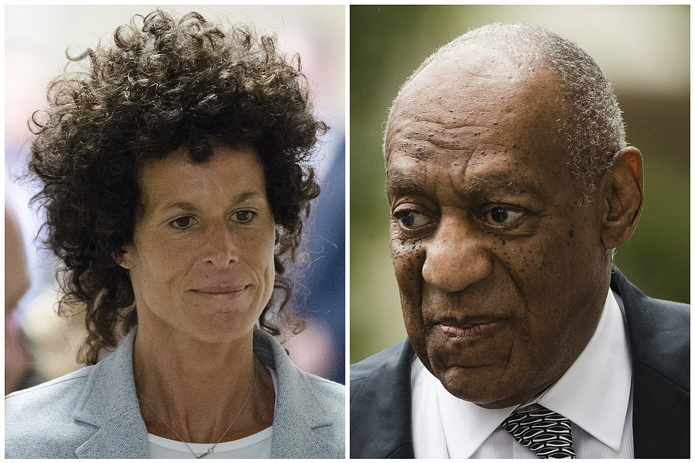 FILE – This photo combination shows Andrea Constand, left, walking to the courtroom during Bill Cosby's sexual assault trial on June 6, 2017, at the Montgomery County Courthouse in Norristown, Pa.; and Bill Cosby, right, arriving for his sexual assault trial on June 16, 2017, at the Montgomery County Courthouse in Norristown, Pa. Prosecutors asked the U.S. Supreme Court to review the decision that overturned Cosby’s conviction. In a petition filed Monday, Nov. 29, 2021 they wrote that courts should not equate a supposed promise made by a former prosecutor to lifetime immunity. (AP Photo/Matt Rourke, File)