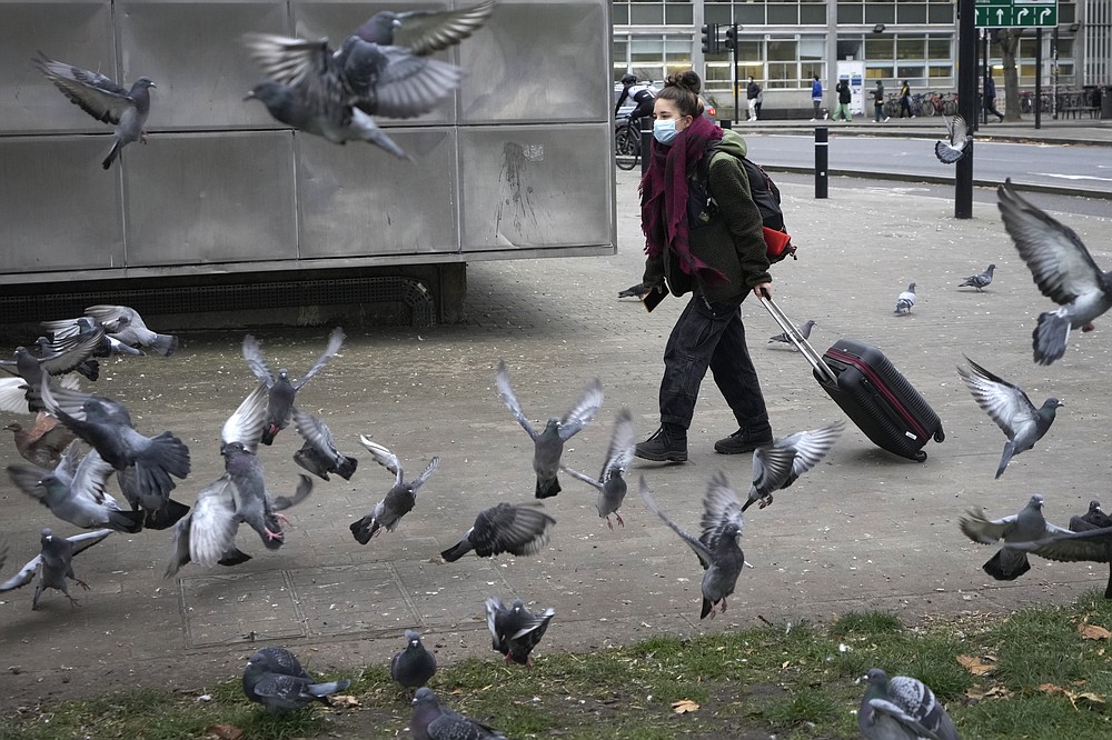 A woman wears a mask as she walks through pigeons in London, Tuesday, Nov. 30, 2021. With the emergence of the omicron variant the British government are requiring people to wear masks in shops and on public transport starting Tuesday. The omicron variant was already in the Netherlands when South Africa alerted the World Health Organization about it last week, Dutch health authorities said Tuesday, adding to fear and confusion over the new version of the coronavirus in a weary world hoping it had left the worst of the pandemic behind. (AP Photo/Kirsty Wigglesworth)