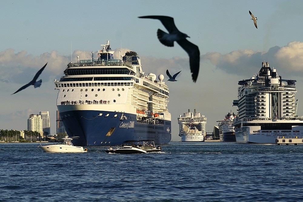 The Celebrity Summit cruise ship prepares to depart from PortMiami, Saturday, Nov. 27, 2021, in Miami. Cooped-up tourists eager for a taste of Florida&#x27;s sandy beaches, swaying palm trees and warmer climates are visiting the Sunshine State in droves, topping pre-pandemic levels in recent months. (AP Photo/Lynne Sladky)