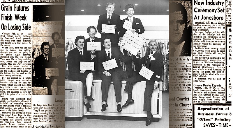 Preparing for a Leap Year Day sale on Feb. 29, 1960, women employees of Pfeifers of Arkansas dressed in men's clothes and put on a show for the other employees. Among those in the show were (front from left) Mrs. Lucille Wiland, Mrs. Merle Cotton and Mrs. Betty Wilson; (back from left) Miss Bernice Stein, Mrs. Sylvia Perry and Mrs. Betty Womack.  (Democrat-Gazette archives)