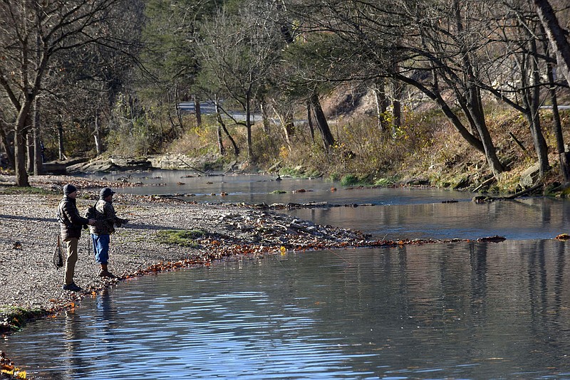 Two anglers have the river mostly to themselves on Nov. 19 2021 at Roaring River State Park. Catch and release fishing for trout is allowed Friday through Monday from the second Friday in November to the second Monday in February. Fishing is with flies only.
(NWA Democrat-Gazette/Flip Putthoff)