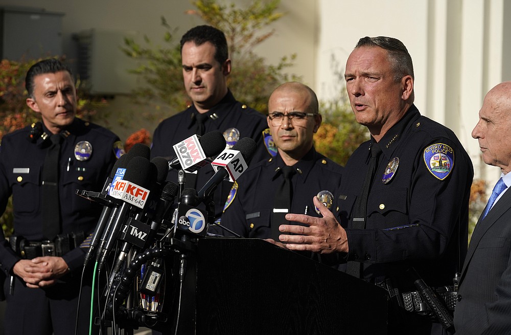 Beverly Hills Police Chief Mark G. Stainbrook, right, addresses the media during a news conference, Wednesday, Dec. 1, 2021, in Beverly Hills, Calif. Jacqueline Avant, the wife of music legend Clarence Avant, was fatally shot in Beverly Hills early Wednesday. (AP Photo/Chris Pizzello)