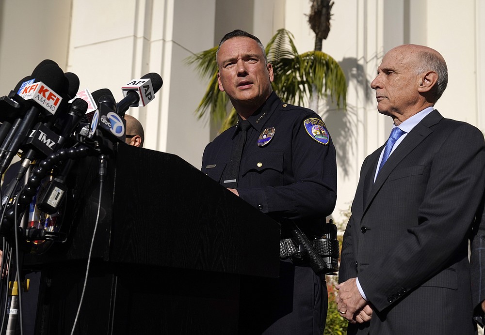 Beverly Hills Police Chief Mark G. Stainbrook, left, addresses the media as Mayor Robert Wunderlich looks on during a news conference, Wednesday, Dec. 1, 2021, in Beverly Hills, Calif. Jacqueline Avant, the wife of music legend Clarence Avant, was fatally shot in Beverly Hills early Wednesday. (AP Photo/Chris Pizzello)