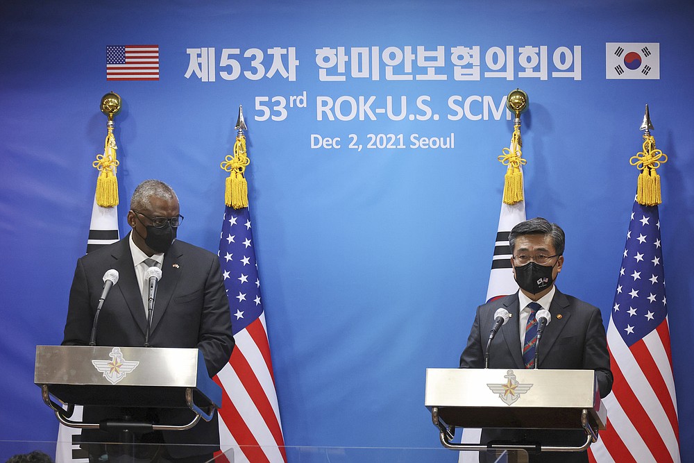 U.S. Defense Secretary Lloyd Austin, left, and South Korean Defense Minister Suh Wook attend a news conference following the 53rd Security Consultative Meeting a&amp;#x200b;t the Defense Ministry in Seoul, South Korea, Thursday, Dec. 2, 2021. (Kim Hong-Ji/Pool Photo via AP)