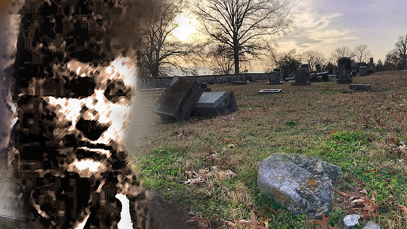 Tom Slaughter from the 1921 archives of the Arkansas Democrat-Gazette superimposed over a photo of his gravesite at Oakland Fraternal Cemetery in Little Rock in December 2021. (Democrat-Gazette photo illustration/Celia Storey)