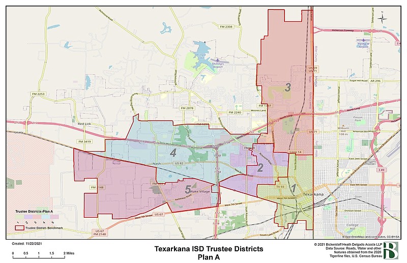 This map shows Texarkana Independent School District's redistricting plan to balance the population. (Graphic via txkisd.net)