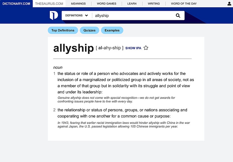 This screen image released by Dictionary.com shows an entry for allyship, named Dictionary.com's word of the year. (Dictionary.com via AP)