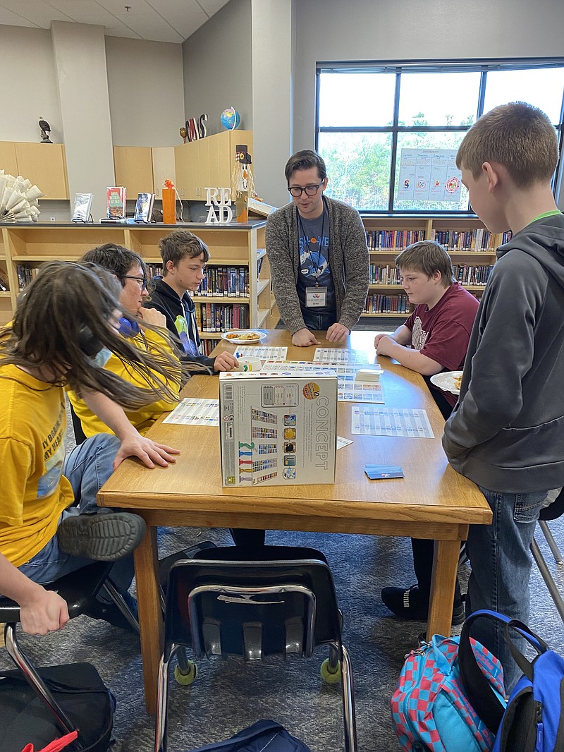 Cutter Morning Star High School students who recently participated in Wednesday Game Day at the CMS High School Library led by Brett Williams, Garland County Library’s young adult librarian. Pictured are students Jacob Smith, left, Ayden Browder, Kegen Dawson, Williams, Riley Smalling, and Brody Woods.