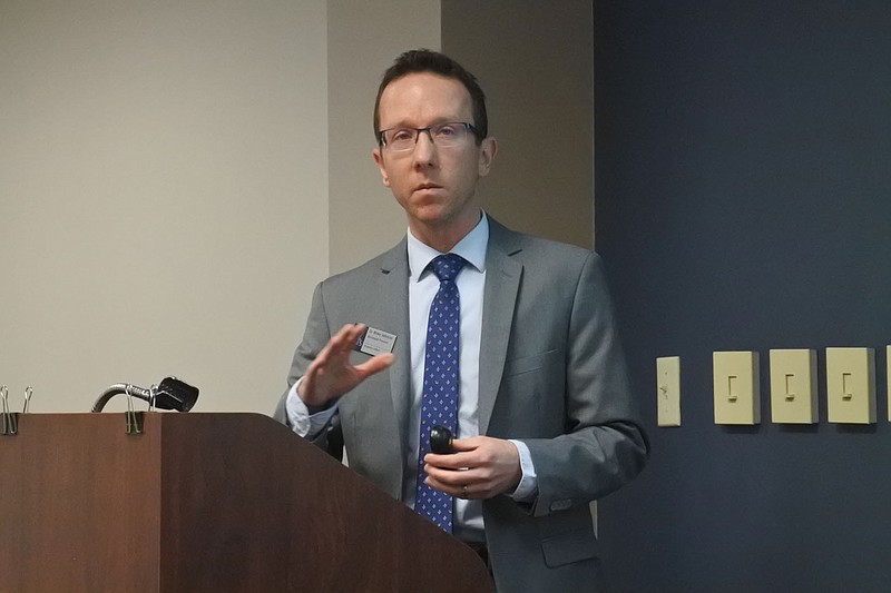 Blake Johnson, assistant provost of student success and retention for the University of Arkansas at Fort Smith, speaks to the university's Board of Visitors during a meeting Wednesday. 
(NWA Democrat-Gazette/Thomas Saccente)