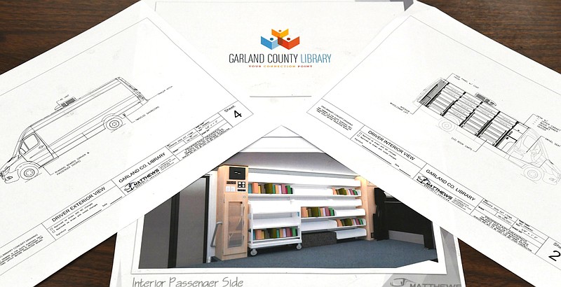 Plans are displayed at the Garland County Library for its bookmobile project. - Photo by Tanner Newton of The Sentinel-Record